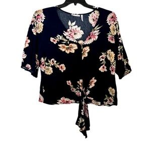 LUQ Stitch Fix Rhee Top Size L Navy Blue‎ Pink Floral Tie Front Blouse Womens